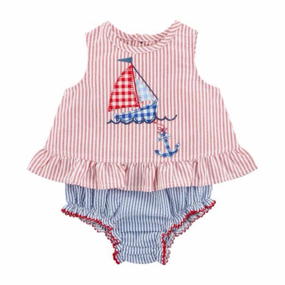 Mud Pie Sailboat Baby Girl Pinafore Set Size 9-12 Months 4th of July Outfit
